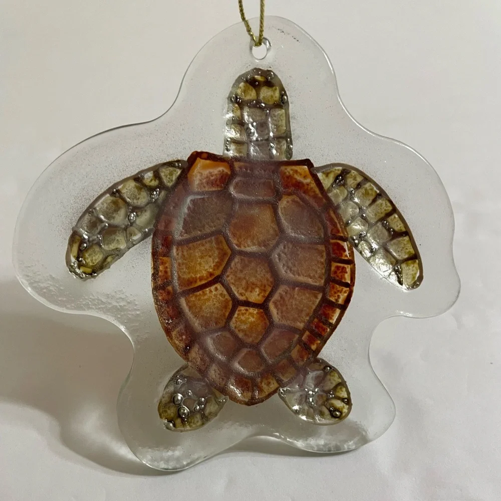 Sea Turtle Clear Glass With Embossed Holiday Christmas Ornament